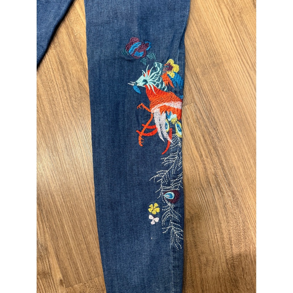 Free People Embroidered Peacock Skinny Jeans Blue Denim Raw Hem Size 27 - Picture 8 of 12